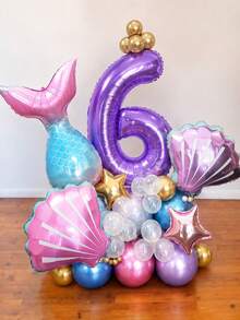 46件組美人魚主題生日氣球套裝，魚尾與貝殼造型 40英吋紫色 0-9數字鋁箔氣球，主題派對場景裝飾 - 彩色 - 查看 10