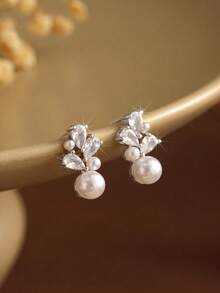 Round Pearl Earrings With Diamonds, Minimalist Style Pearl Studs, Delicate Pearl Earrings, Wedding Accessories, Bridesmaid Gift. - Silver - View 2