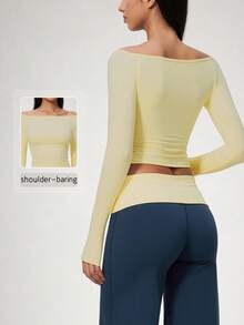 NcmRyu Women's 1pc Solid Color Off-Shoulder Base Layer Top, Fashionable Versatile Slim Fit Soft Stretchy Athletic Top, Autumn/Winter - Yellow - View 11
