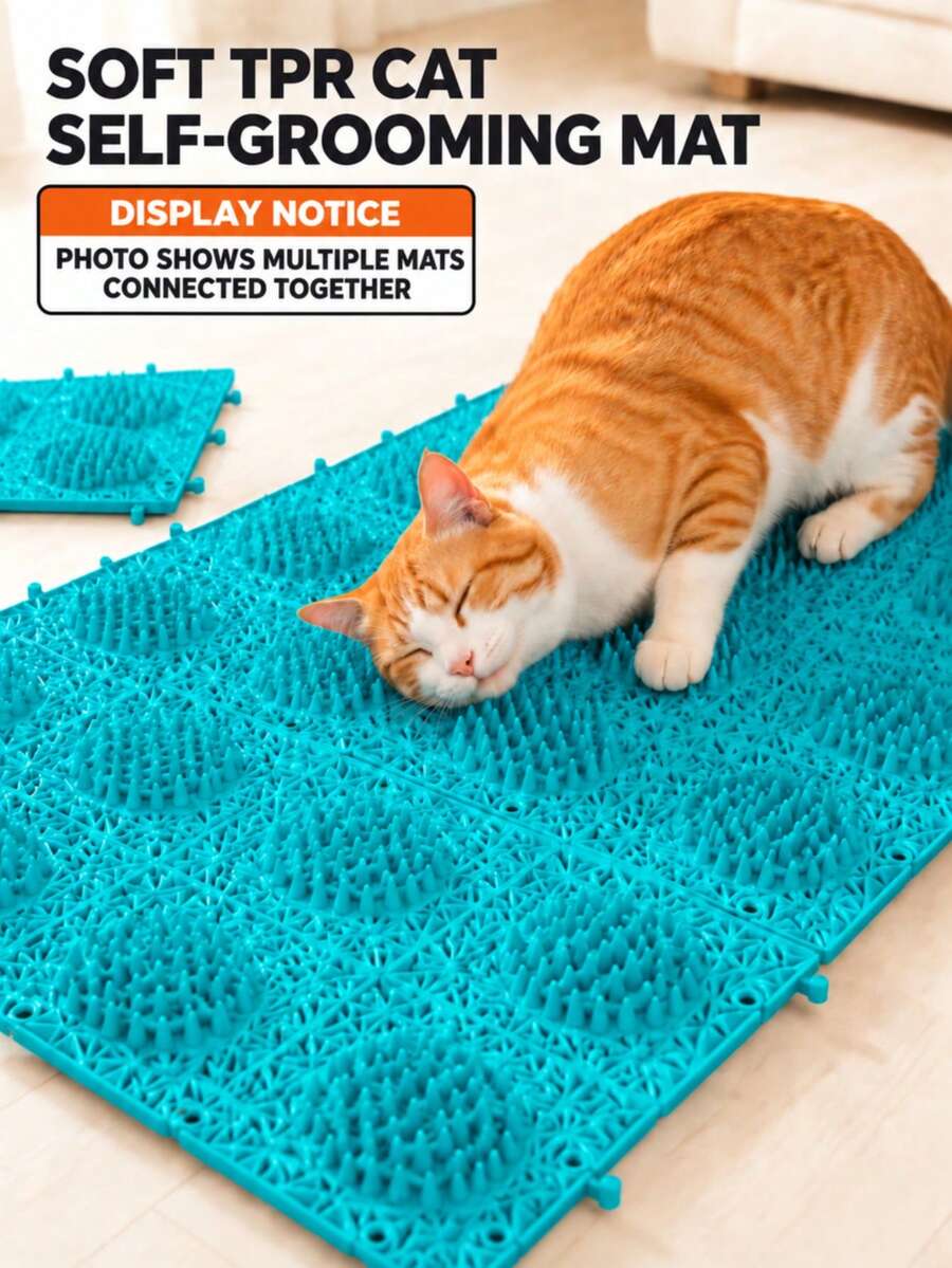 1pc 24.6 X 18.1 X 1.7cm Soft TPR Cat Self-Grooming Massage Pad, Connectable Floor Scratching Mat, Round Bristle Design, Relieves Shedding And Itching, Indoor Cat Grooming Tool - 24.6 X 18.1 cm - View 1