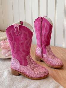 1 Pair Girls' Western Boots With Buckle Decor, Suede PU Material, Toe-Split Mid-Calf Flat Sole, Personalized Style, Suitable For Summer/Spring/Autumn Travel/Street Wear - Hot Pink - View 1