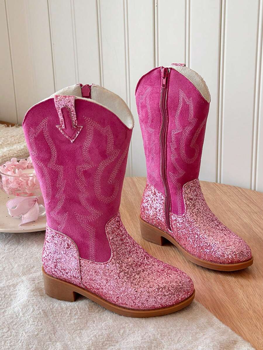 1 Pair Girls' Western Boots With Buckle Decor, Suede PU Material, Toe-Split Mid-Calf Flat Sole, Personalized Style, Suitable For Summer/Spring/Autumn Travel/Street Wear - Hot Pink - View 1