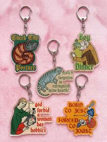 5Pcs Medieval Vintage Funny Meme & Humorous Quote Themed Acrylic Keychains, Including Snail Creature, Eating Frog, Cat Fireplace, Rabbit Knight Duel Designs, Fashionable Bag Charms, Suitable For Vintage Fans Gifts, Fun Collection, All Seasons - Multicolor - View 5