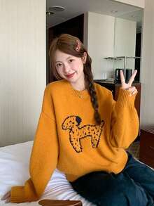 Women's Round Neck Puppy Pattern Long Sleeve Sweater, Winter Outfit - Burnt Orange - View 10