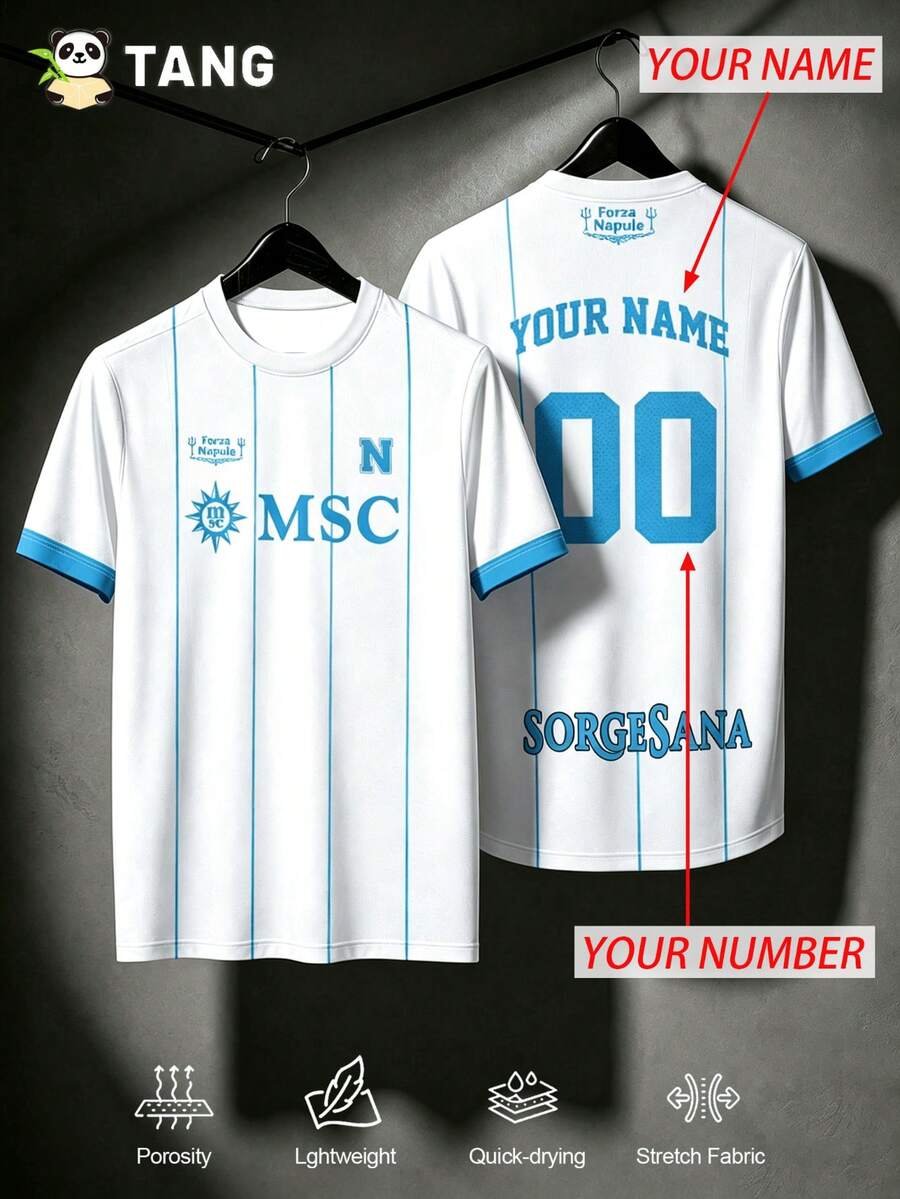 Men Custom Napoli Forza Napule Stripe Print Soccer Jersey, Personalized Name Number Football Shirt Fan Gear Match Training Daily Gift