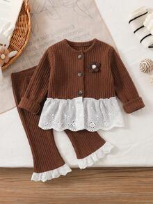 2pcs Baby Girls Casual Retro Ribbed Knit 2 In 1 Cardigan Lace Trim Flared Pants Set, Autumn/Winter - Brown - View 2