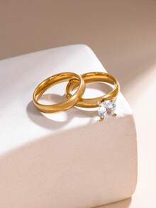 2pcs 18K Stainless Steel Ring Set, Rust-Proof Band, Wedding Engagement Gold Ring, Valentine's Day Gift For Girlfriend - Yellow Gold - View 6