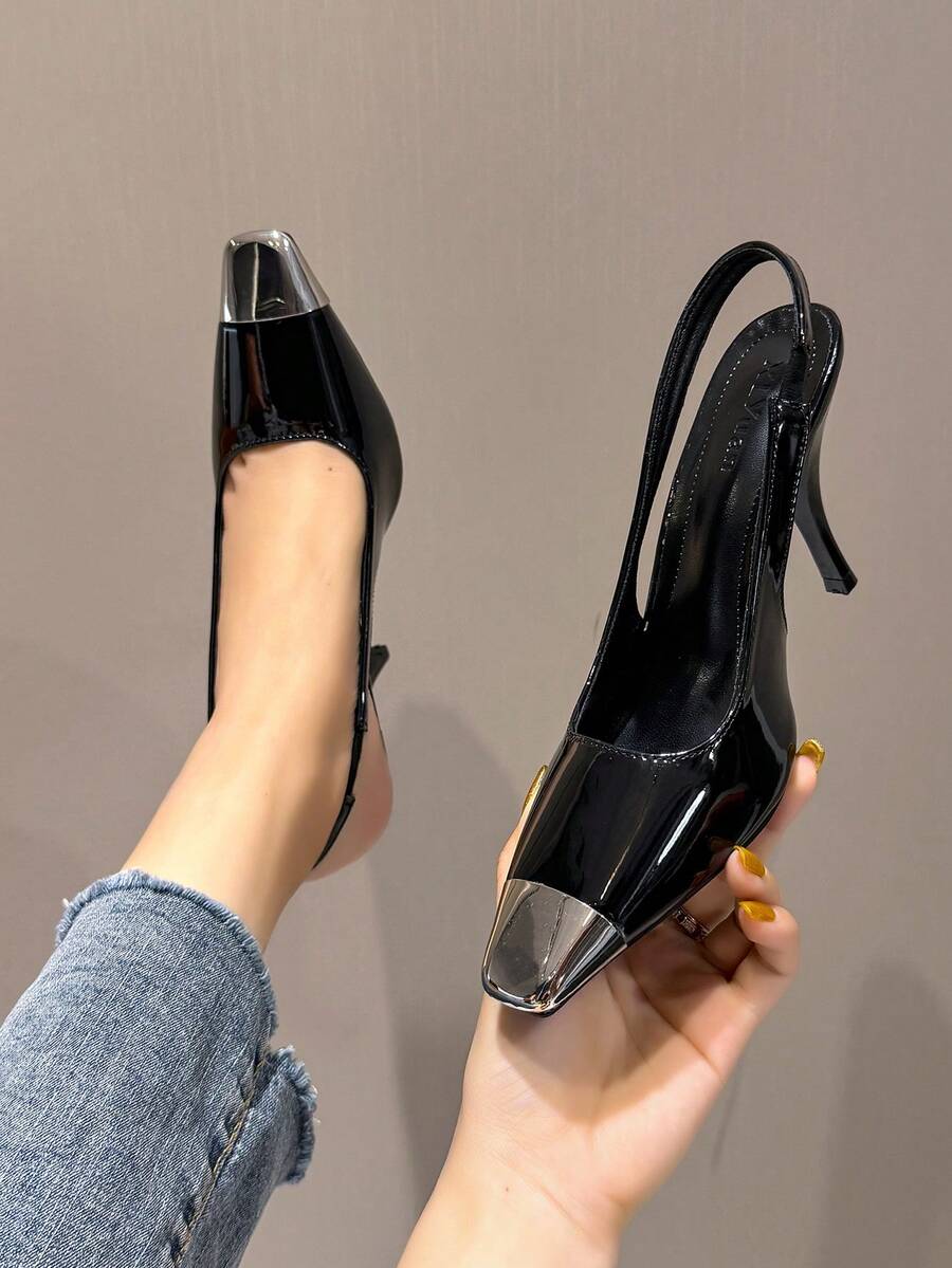 Women's Black Square Toe Slingback High Heel Shoes With Metal Toe Cap, Stiletto Heel, Suitable For Wedding, Date, Party - Black - View 1