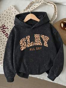 1pc Young Girls Minimalist Letter Print Washed Sweatshirt, Soft Casual Versatile Children's Top - Black - View 1