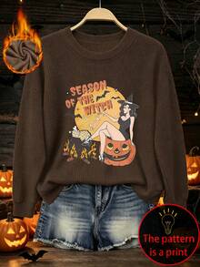 Plus Size Women's Casual Faux Knit Sweater, Witch And Pumpkin Lantern Print, Round Neck Long Sleeve, Autumn/Winter Top - Brown - View 4