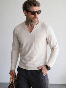 Men's Solid Color Long Sleeve T-Shirt, Small V-Neck, Pocket Design, Casual Loose Fit Base Layer Top, Spring/Autumn - Apricot - View 1