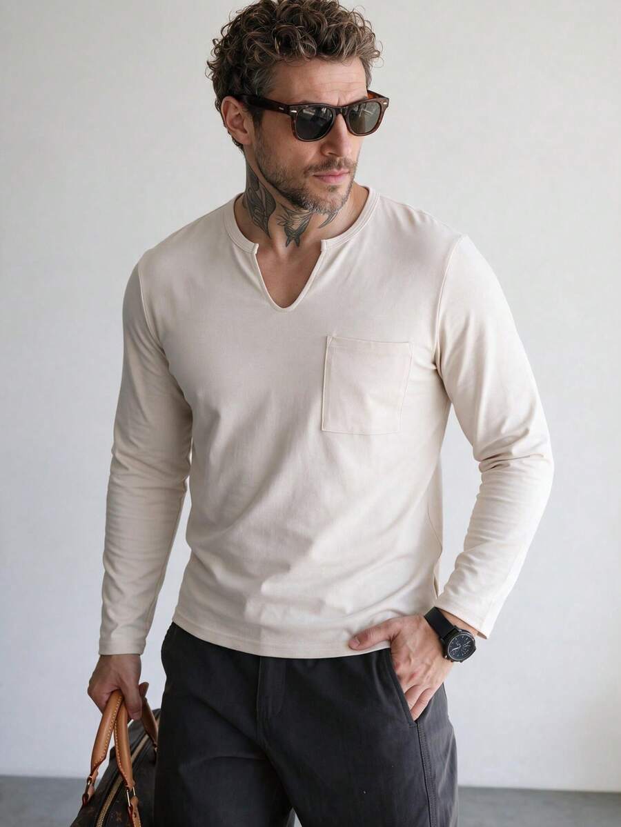 Men's Solid Color Long Sleeve T-Shirt, Small V-Neck, Pocket Design, Casual Loose Fit Base Layer Top, Spring/Autumn - Apricot - View 1