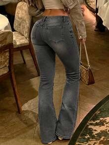 Women's Vintage Distressed Slim Fit Flare Leg Jeans - Grey - View 3
