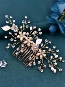 1pc Elegant Handmade Alloy Flower Hair Comb Rhinestone Pearl Wedding Comb Hair Accessories Handmade Headpieces - Multicolor - View 3
