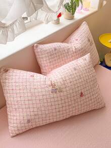 Set Sprei 4 Potong Motif Kelinci Lucu Kotak-kotak Merah Muda, Sprei Kamar Tidur Lembut dan Nyaman Termasuk 1 Sarung Selimut, 1 Sprei, 2 Sarung Bantal, Tanpa Isian, Cocok untuk Kamar Tidur, Asrama, Penggunaan di Rumah, Tersedia Berbagai Ukuran - Baby Pink - View 9