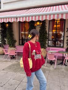 Women's Cute Plush Pattern Loose Pullover Sweater Top, Autumn/Winter Christmas Halloween Thanksgiving Weekend Outfit - Red - View 6