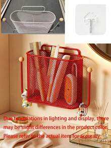 1pc Wall-Mounted Storage Basket, Minimalist Metal Mesh Rectangular Storage Basket With Side Hooks, No-Drill Wall Hanging Rack, Suitable For Bathroom, Bedroom, Dorm, Home Daily Storage - Multicolor - View 11