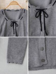 Grey Wavy Ruffle Collar Tie-Front Bow Knitted Cardigan Women's Slim Fit Ruffle Cuff Long Sleeve Top Base Layer - Grey - View 10