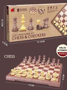 2-In-1 Magnetic Folding Chess & Checkers Set, Wood Grain Large Game Board, Waterproof Educational Game, Suitable For Family Gatherings - View 7