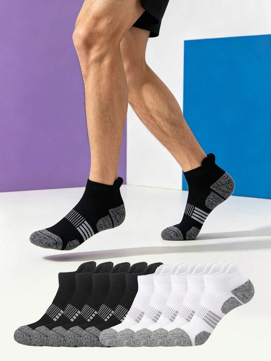 1/5/10/20 Pairs Men's Black & White Minimalist Tab Ankle Socks, Towel Sole Striped Design, Comfortable & Versatile For Sports - Multicolor - View 1