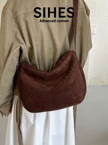 1pc Solid Color Suede Velvet New Women's Bag, Shoulder Bag, Crossbody Bag, Fashion Large Capacity Square Bag, Zipper Closure, Suitable For Commuting, Shopping, Dating, Shopping - Coffee - View 3