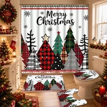 1/4pcs Christmas Tree Pattern Shower Curtain Set, Merry Christmas Buffalo Plaid Farmhouse Style Shower Curtain, Waterproof Fabric Winter Bathroom Shower Curtain, 70.8*70.8 Inches - A - View 5