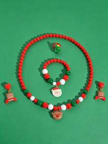 5pcs/Set Cute Santa Claus Reindeer Christmas Tree Hanging Decor Charm Beaded Necklace Bracelet Ring Ear Clips Children Jewelry Set Christmas Party Gift - Multicolor - View 2