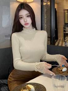 Minimalist Solid Color Semi-High Neck Ribbed Knit Sweater, Versatile Slim Fit Long Sleeve Base Layer Top With Cuffed Hem - Apricot - View 4