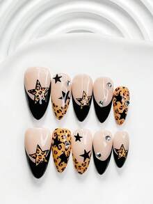 Autumn 10pcs Cool Handmade Press-On Nails Gel Manicure Set, Star & Leopard Print Black & Brown, Unique Style, Includes Manicure Tools, 3 Sizes Available, Square/Short Square/Almond Shape, Suitable For Party, Dancing, Daily Wear (Handmade Details May Vary) - Multicolor - View 3