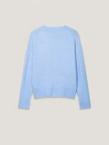 CAREE Women's Autumn/Winter Light Blue V-Neck Dropped Shoulder Long Sleeve Ribbed Hem Loose Short Knit Pullover Sweater - Sky Blue - View 2