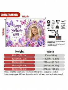 1pc Customizable Photo & Name Butterfly Theme Happy Birthday Backdrop, Pink & Purple Gradient Butterfly Floral Heart Gem Sequin Balloon Gift Box Decor Design, Suitable For Theme Birthday Party Cake Smash Background Photography Prop Vinyl - Light Purple - View 7