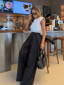 Women's Black Pleated Versatile High-Waist Wide-Leg Long Pants, Fall/Winter Going Out Business - Black - View 2