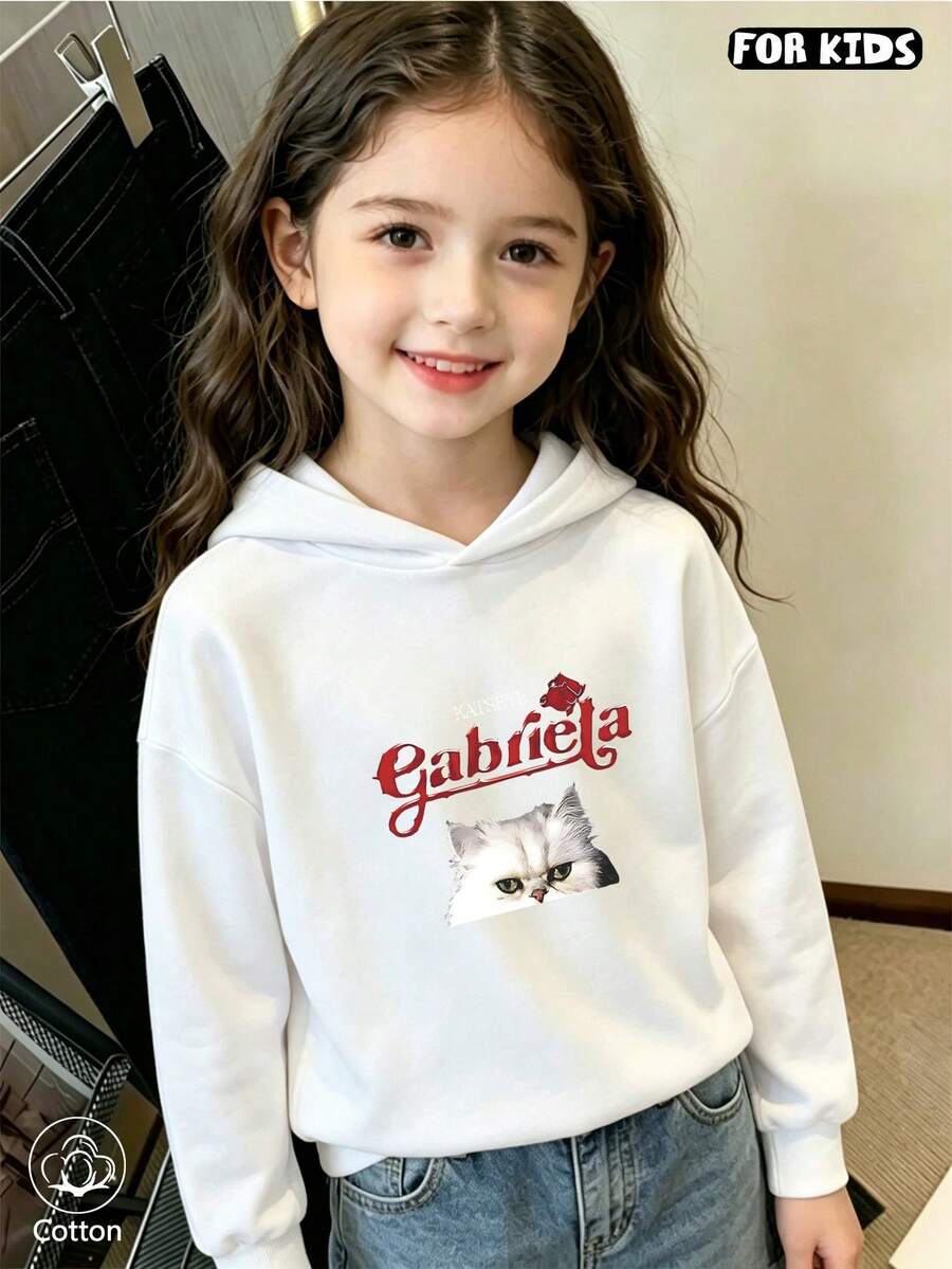 Kids Hooded Sweatshirt: Cute Cat Print & Red Letter Design, Loose Fit, Breathable & Comfortable, Casual Style For Spring/Autumn Daily Wear - White - View 1