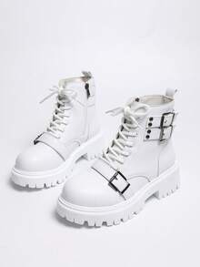 Women's Lace-Up Buckle Decor Thick Sole Boots With Back Pull Tab And Side Zipper Work Boots - White - View 3