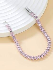 1pc 2.5mm Shiny Cubic Zirconia Tennis Bracelet, Classic Fashion Design Suitable For Daily Wear And Gift, Unisex - Pink - View 1