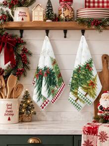 2pcs Christmas Decorative Hand Towels, Watercolor Christmas Tree Pine Tree Red Bow Gold Star Snowflake Print, Red And Green Plaid Hem, Kitchen Bathroom Towels, Farmhouse Winter Holiday Home Decor - Multicolor - View 5