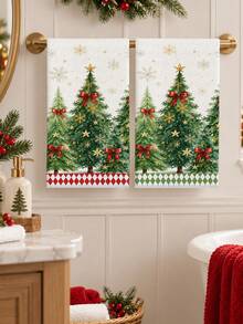 2pcs Christmas Decorative Hand Towels, Watercolor Christmas Tree Pine Tree Red Bow Gold Star Snowflake Print, Red And Green Plaid Hem, Kitchen Bathroom Towels, Farmhouse Winter Holiday Home Decor - Multicolor - View 6