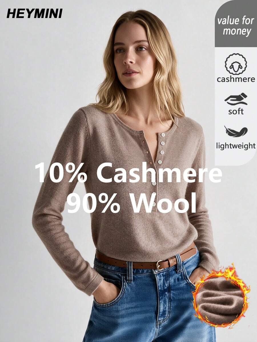 HEYMINI Women's New Soft Wool Sweater, Round Neck Long Sleeve Knit Base Layer Top, Button Half-Open Collar Design, Suitable For Autumn/Winter Outfits - Maroon - View 1