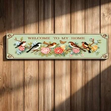 Desain Datar 2D, Papan Dinding Logam Vintage "Selamat Datang di Rumahku" - Plakat Pintu Pondok Pedesaan Besar 4.0X16.0 Inci dengan Pola Burung dan Karangan Bunga, Bingkai Hijau Mint dan Emas, Dekorasi Gantung Tahan Lama, Cocok untuk Teras - A - View 6