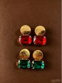 1 Pair Fashionable Luxury Vintage Brushed Round Disc Shiny Square Rhinestone Inlaid High-End Minimalist Versatile Earrings - Round and Square Earrings - View 1