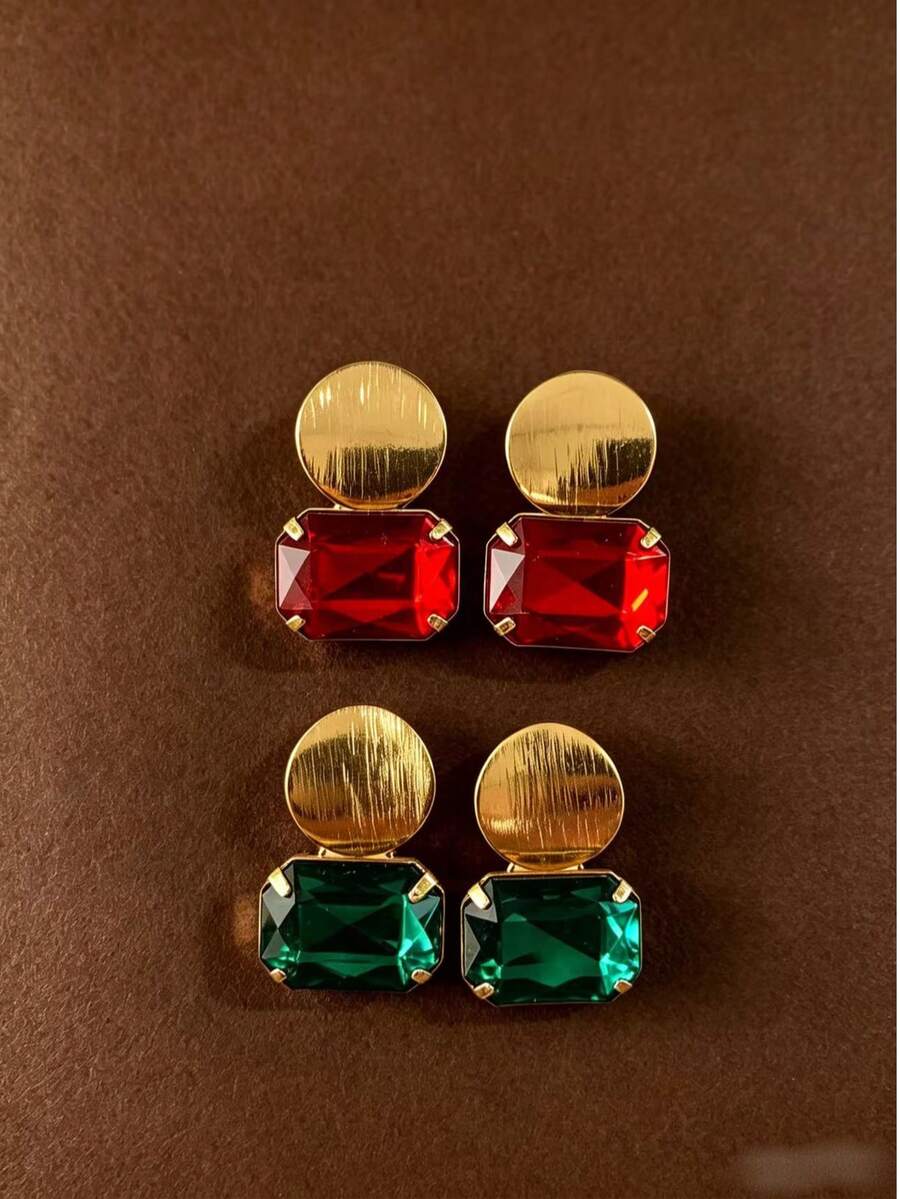 1 Pair Fashionable Luxury Vintage Brushed Round Disc Shiny Square Rhinestone Inlaid High-End Minimalist Versatile Earrings - Round and Square Earrings - View 1