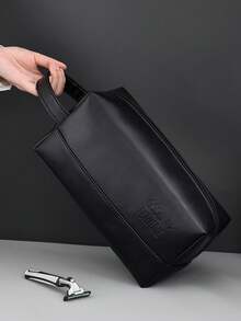 Wrist Bag, Black 3D Shape, Embossed English Logo, Side Handle Strap, Zipper Closure. Large Capacity Interior Space, Can Store Toiletries, Razors, Waterproof Fabric Easy To Clean, Portable Storage For Business Travel, Minimalist Business Style. - Black - View 6