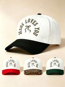 1PC Color Block Curved Brim Baseball Cap, JESUS LOVES YOU & Bow Embroidery Adjustable Unisex Hat For Daily, Street, Party & Travel - Multicolor - View 2
