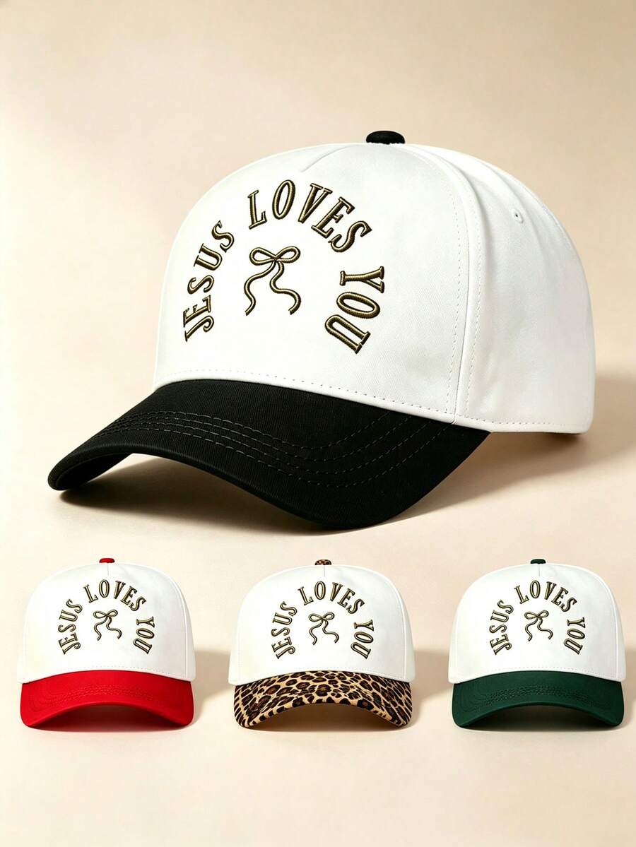 1PC Color Block Curved Brim Baseball Cap, JESUS LOVES YOU & Bow Embroidery Adjustable Unisex Hat For Daily, Street, Party & Travel