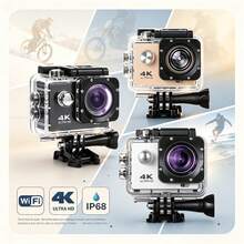 Câmera esportiva 4K Ultra HD com gravação em 30fps e conexão Wi-Fi, câmera digital à prova d'água até 30 metros com tela LCD, ideal para mergulho, viagens e esportes radicais ao ar livre - Preto e Branco - Visão 3
