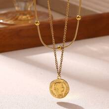 1pc Stainless Steel Asymmetrical Human Portrait Coin Necklace, Ins Style Vintage Minimalist Clavicle Chain For Women - Yellow Gold - View 7