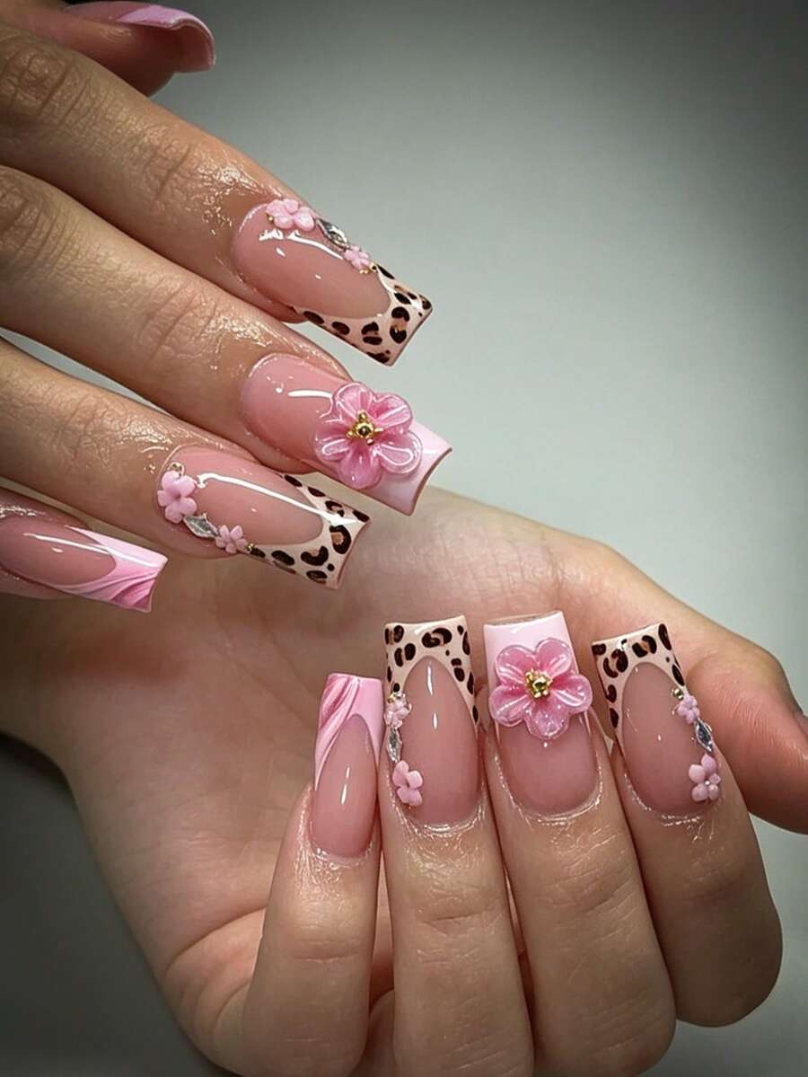 10pcs-Y2K Style, Leopard Print Pink Flower Press-On Nails, Pink Flower Gold Bead Long Square Nails, Leopard Design, Nude Pink Gradient, Sparkling Diamond Decoration Fake Nails-Essential Nails For Spring, Summer, Autumn, Winter, Suitable For Social, Party And Daily Use, Best Gift For Girls And Women
