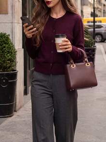 DONICY Women's Burgundy Round Neck Single Breasted Cropped Knit Cardigan Sweater, Spring/Autumn Casual & Office Wear Winter - Burgundy - View 6
