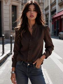 Women's Elegant Ruffle Collar Stand Collar Blouse, Puff Long Sleeve, Autumn/Winter Essential - Coffee Brown - View 2