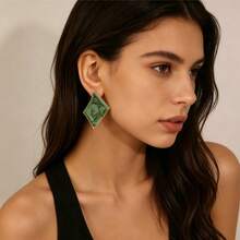 Vintage Blue Marble Pattern Rhombus Exaggerated Earrings, Gold Trim Geometric Square Design Women's Party Earrings - Multicolor - View 8